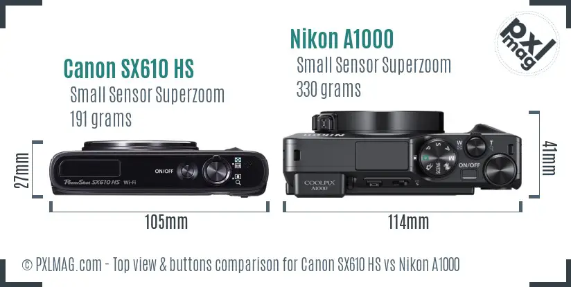Canon SX610 HS vs Nikon A1000 top view buttons comparison