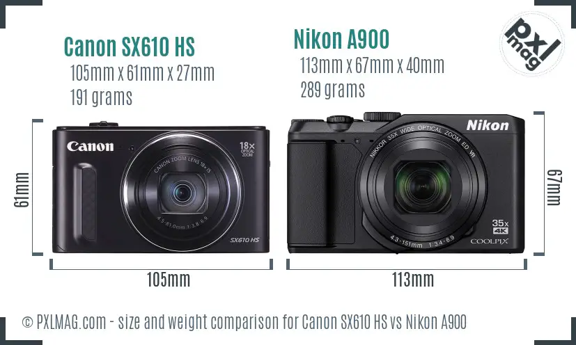 Canon SX610 HS vs Nikon A900 size comparison