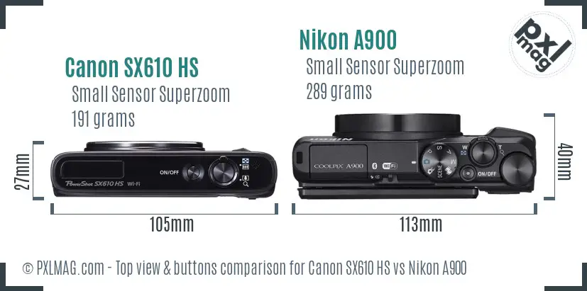 Canon SX610 HS vs Nikon A900 top view buttons comparison