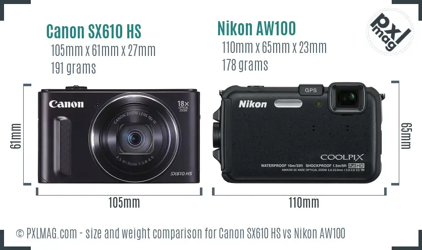 Canon SX610 HS vs Nikon AW100 size comparison