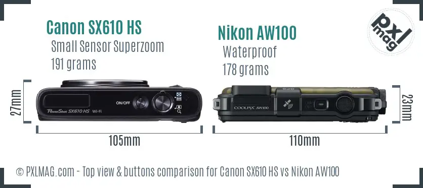 Canon SX610 HS vs Nikon AW100 top view buttons comparison