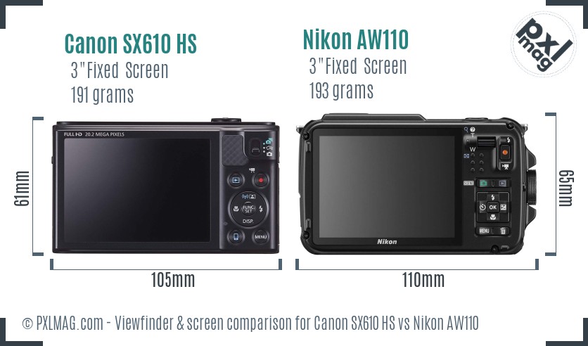 Canon SX610 HS vs Nikon AW110 Screen and Viewfinder comparison