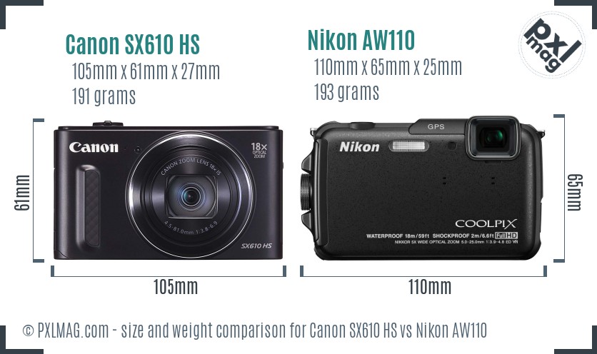 Canon SX610 HS vs Nikon AW110 size comparison