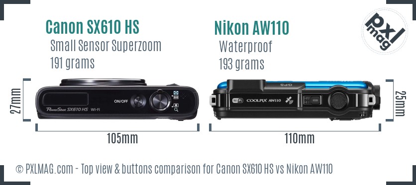 Canon SX610 HS vs Nikon AW110 top view buttons comparison