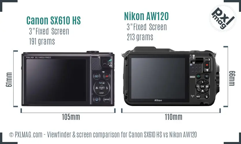 Canon SX610 HS vs Nikon AW120 Screen and Viewfinder comparison