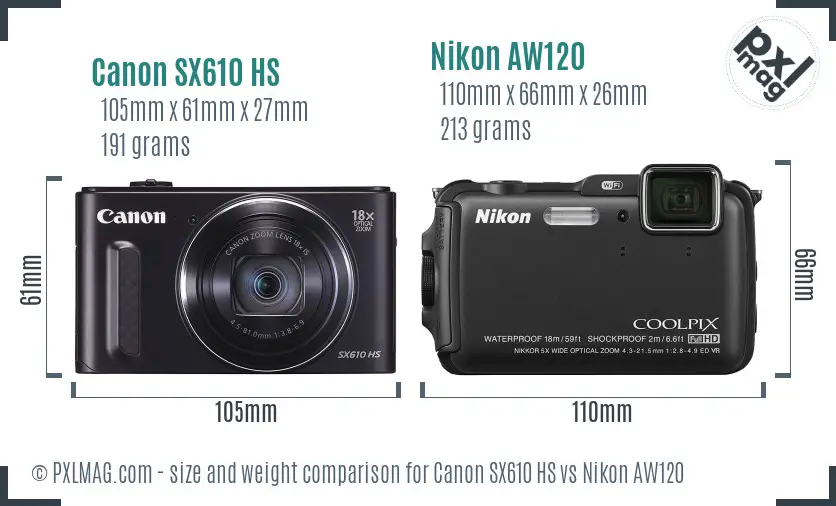 Canon SX610 HS vs Nikon AW120 size comparison