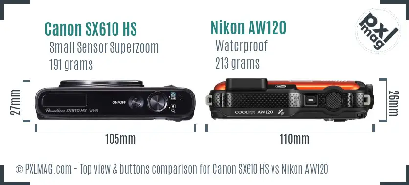 Canon SX610 HS vs Nikon AW120 top view buttons comparison