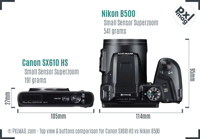 Canon SX610 HS vs Nikon B500 top view buttons comparison