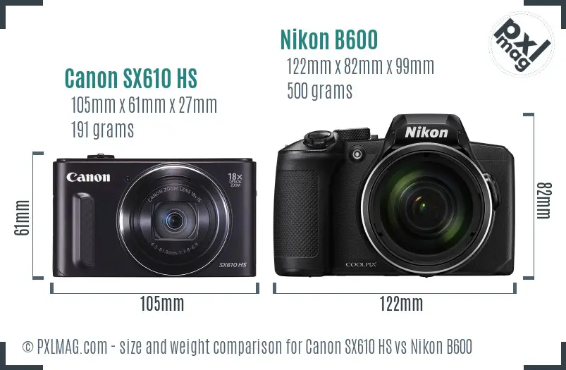 Canon SX610 HS vs Nikon B600 size comparison