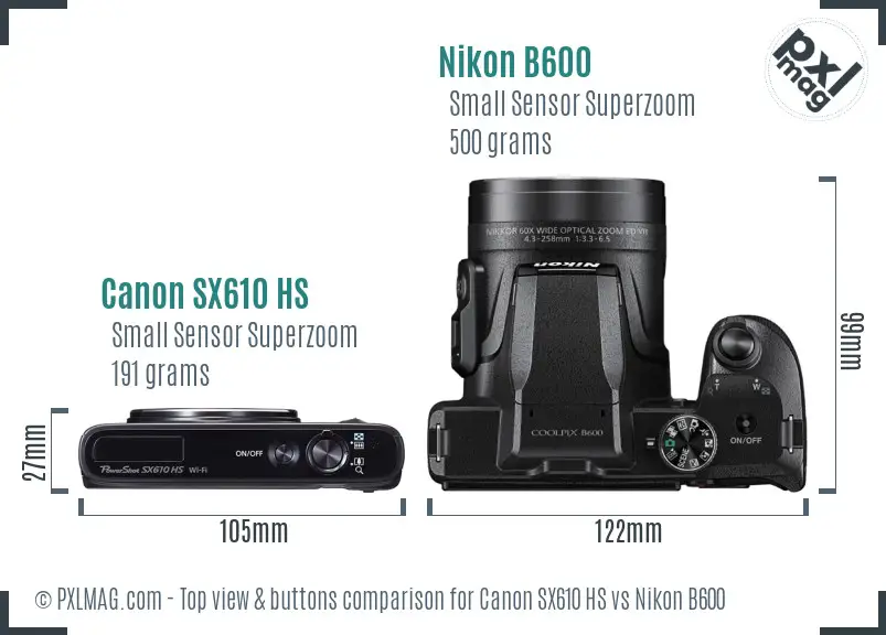 Canon SX610 HS vs Nikon B600 top view buttons comparison