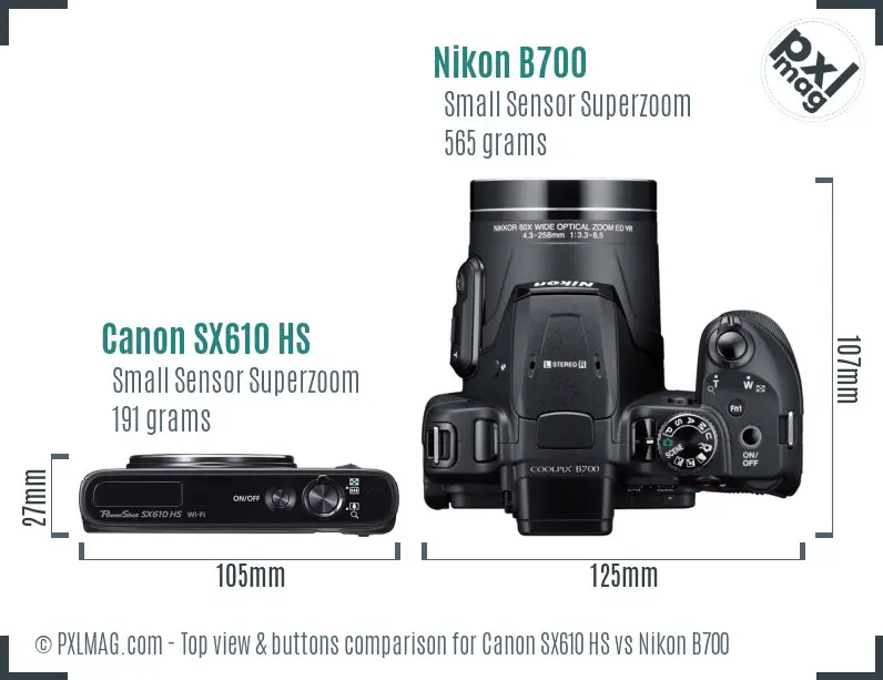 Canon SX610 HS vs Nikon B700 top view buttons comparison