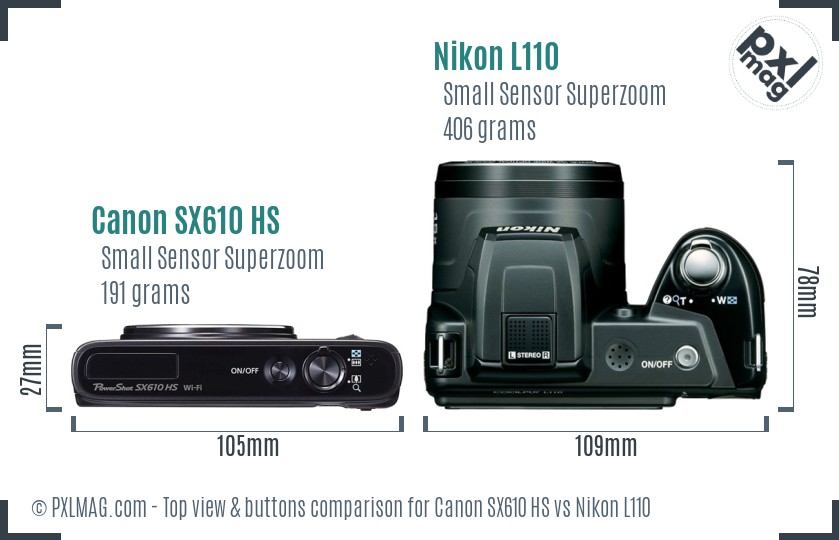 Canon SX610 HS vs Nikon L110 top view buttons comparison