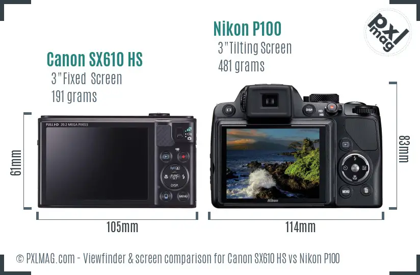 Canon SX610 HS vs Nikon P100 Screen and Viewfinder comparison