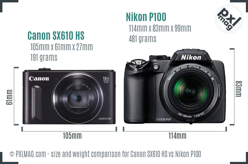 Canon SX610 HS vs Nikon P100 size comparison