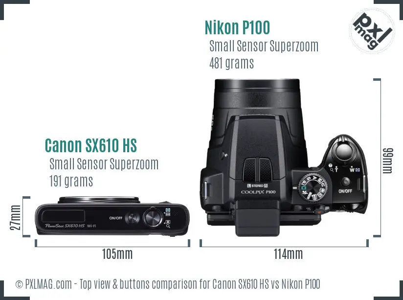 Canon SX610 HS vs Nikon P100 top view buttons comparison