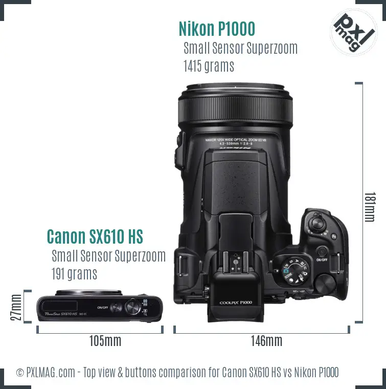 Canon SX610 HS vs Nikon P1000 top view buttons comparison