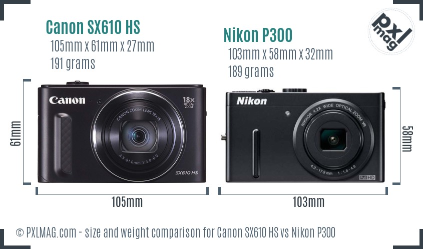 Canon SX610 HS vs Nikon P300 size comparison