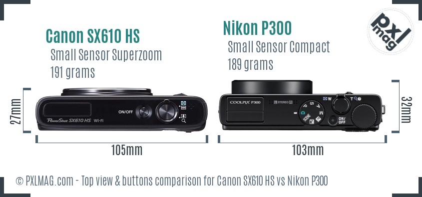 Canon SX610 HS vs Nikon P300 top view buttons comparison