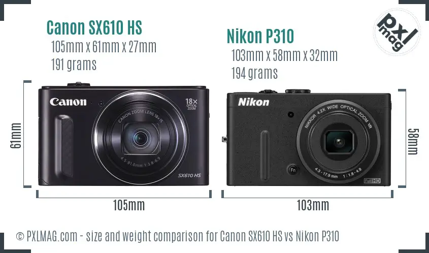 Canon SX610 HS vs Nikon P310 size comparison