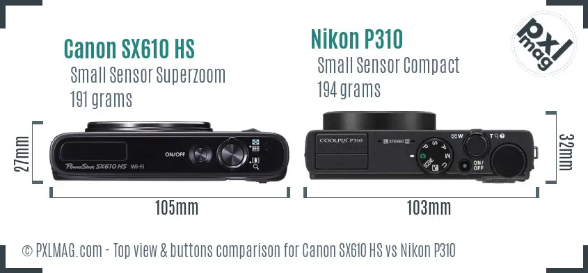 Canon SX610 HS vs Nikon P310 top view buttons comparison