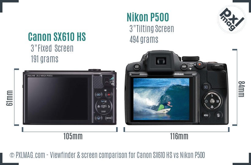 Canon SX610 HS vs Nikon P500 Screen and Viewfinder comparison