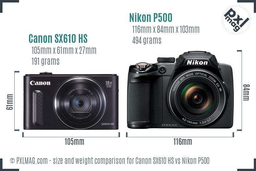 Canon SX610 HS vs Nikon P500 size comparison Canon SX610 HS vs Nikon P500 size comparison