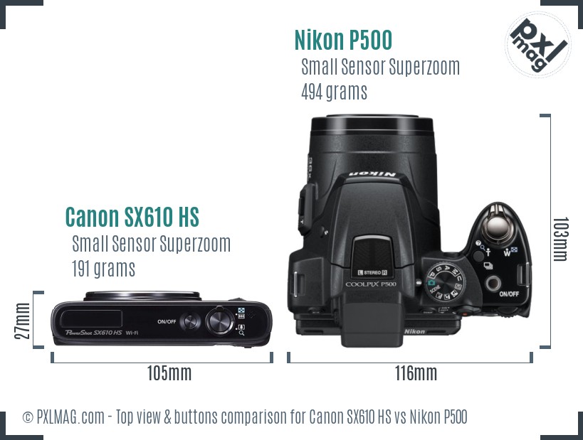 Canon SX610 HS vs Nikon P500 top view buttons comparison