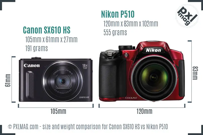 Canon SX610 HS vs Nikon P510 size comparison