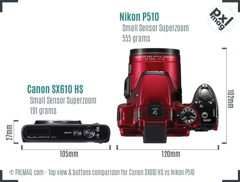Canon SX610 HS vs Nikon P510 top view buttons comparison