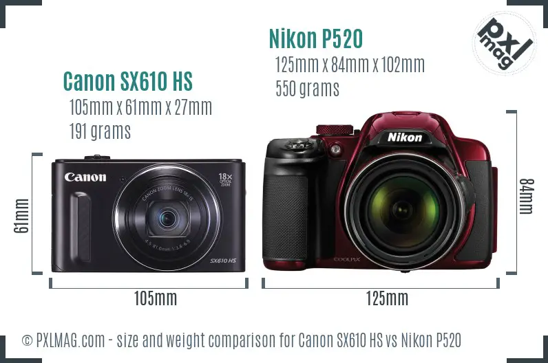 Canon SX610 HS vs Nikon P520 size comparison