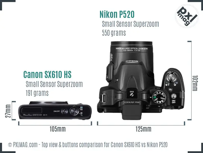 Canon SX610 HS vs Nikon P520 top view buttons comparison
