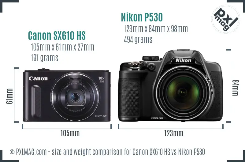 Canon SX610 HS vs Nikon P530 size comparison