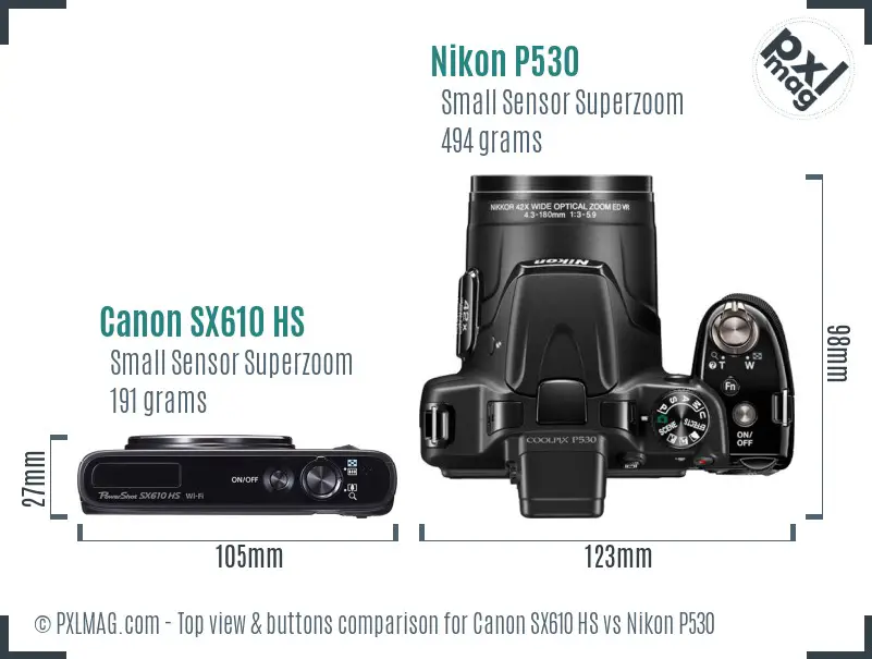 Canon SX610 HS vs Nikon P530 top view buttons comparison