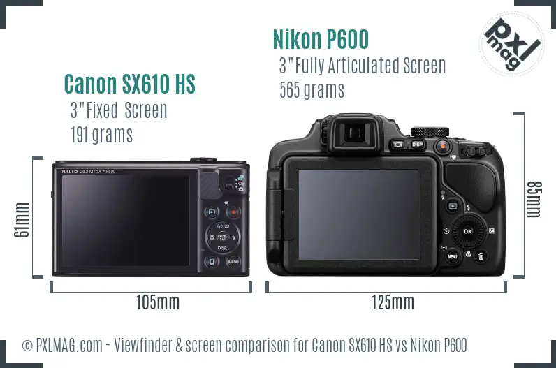 Canon SX610 HS vs Nikon P600 Screen and Viewfinder comparison