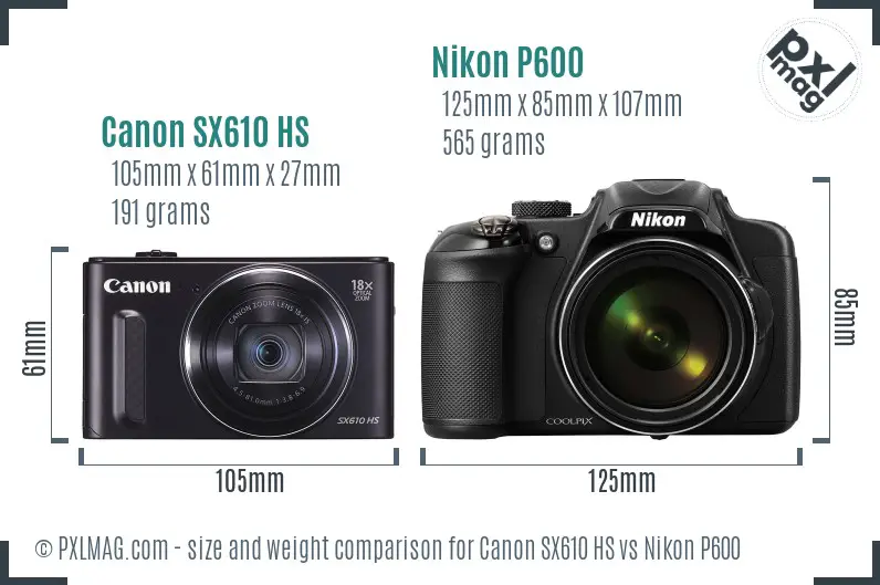 Canon SX610 HS vs Nikon P600 size comparison
