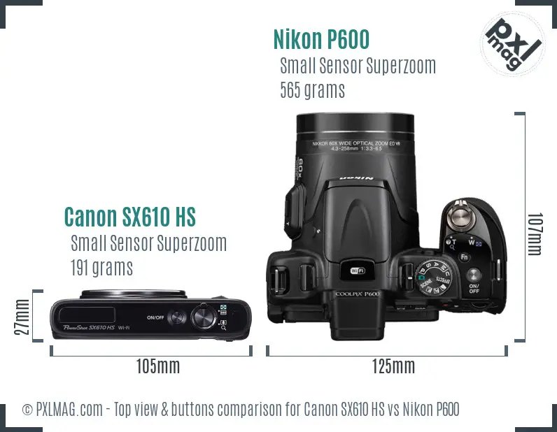 Canon SX610 HS vs Nikon P600 top view buttons comparison