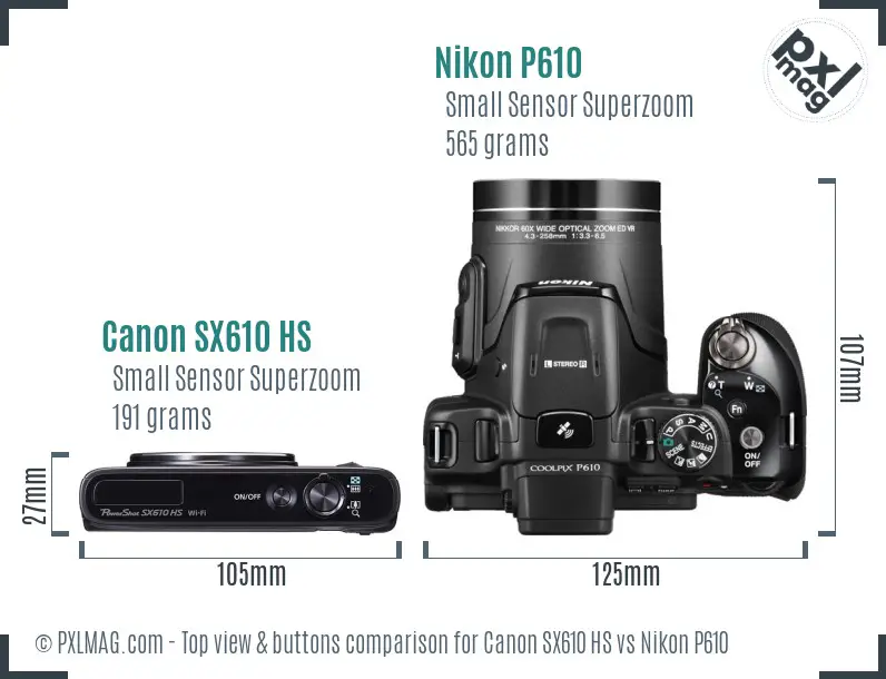 Canon SX610 HS vs Nikon P610 top view buttons comparison Canon SX610 HS vs Nikon P610 top view buttons comparison