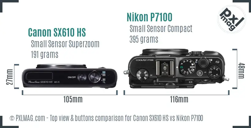 Canon SX610 HS vs Nikon P7100 top view buttons comparison