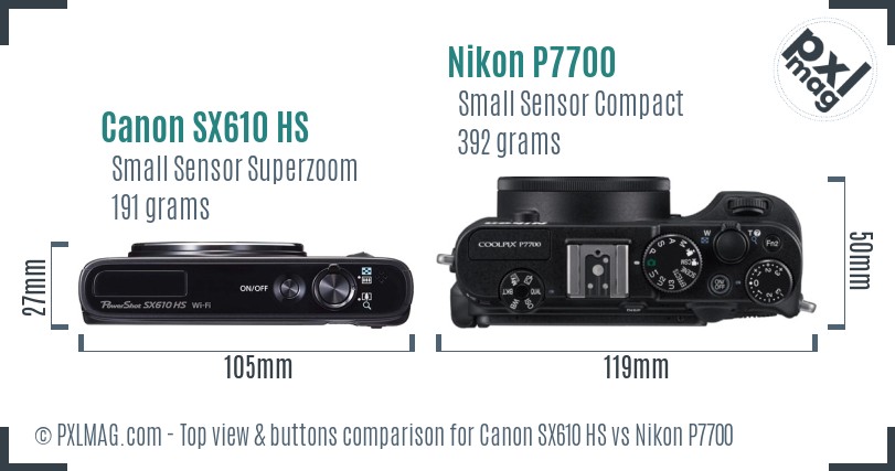 Canon SX610 HS vs Nikon P7700 top view buttons comparison