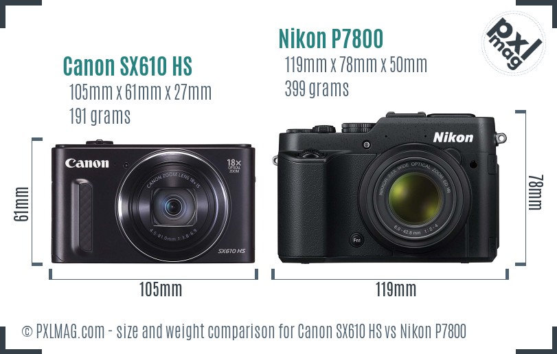 Canon SX610 HS vs Nikon P7800 size comparison