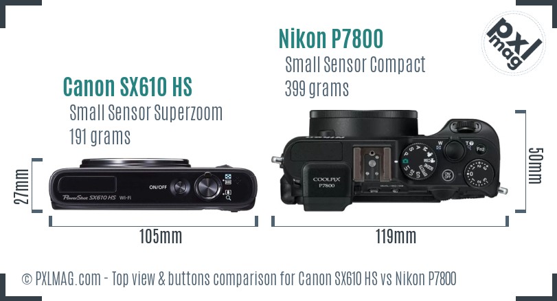 Canon SX610 HS vs Nikon P7800 top view buttons comparison
