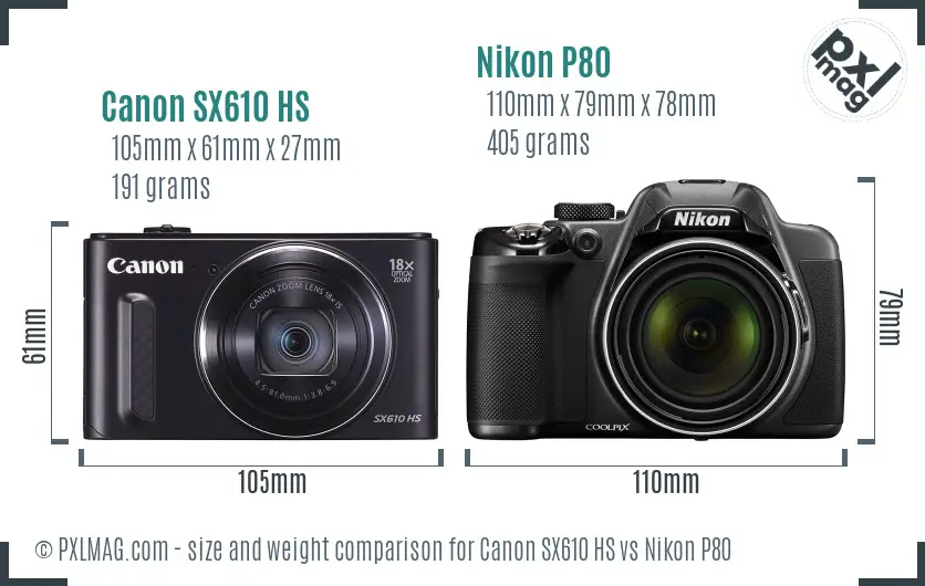 Canon SX610 HS vs Nikon P80 size comparison
