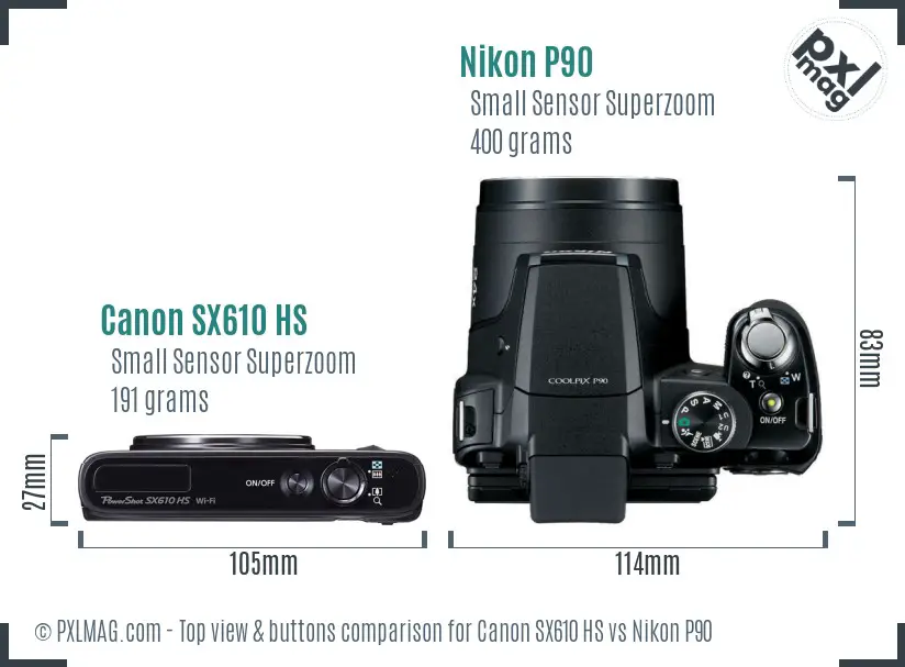 Canon SX610 HS vs Nikon P90 top view buttons comparison Canon SX610 HS vs Nikon P90 top view buttons comparison