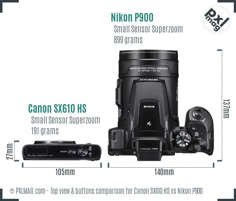 Canon SX610 HS vs Nikon P900 top view buttons comparison