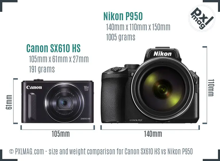 Canon SX610 HS vs Nikon P950 size comparison