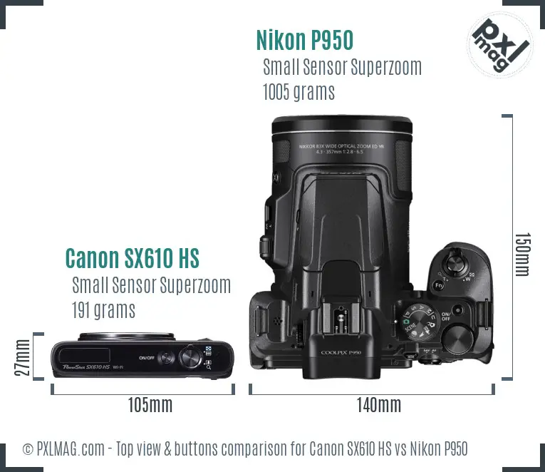 Canon SX610 HS vs Nikon P950 top view buttons comparison