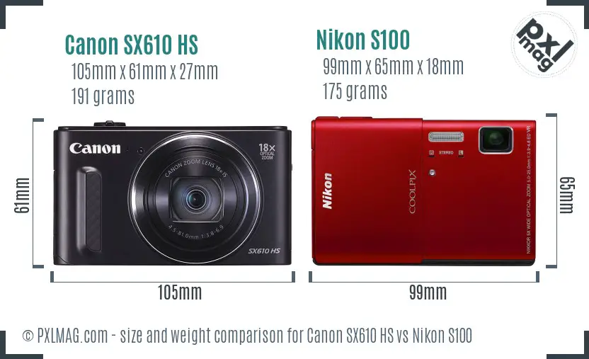 Canon SX610 HS vs Nikon S100 size comparison