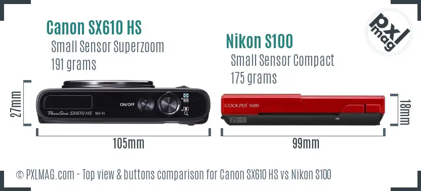 Canon SX610 HS vs Nikon S100 top view buttons comparison