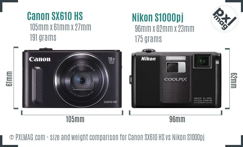 Canon SX610 HS vs Nikon S1000pj size comparison