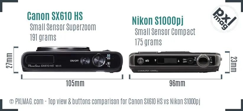 Canon SX610 HS vs Nikon S1000pj top view buttons comparison